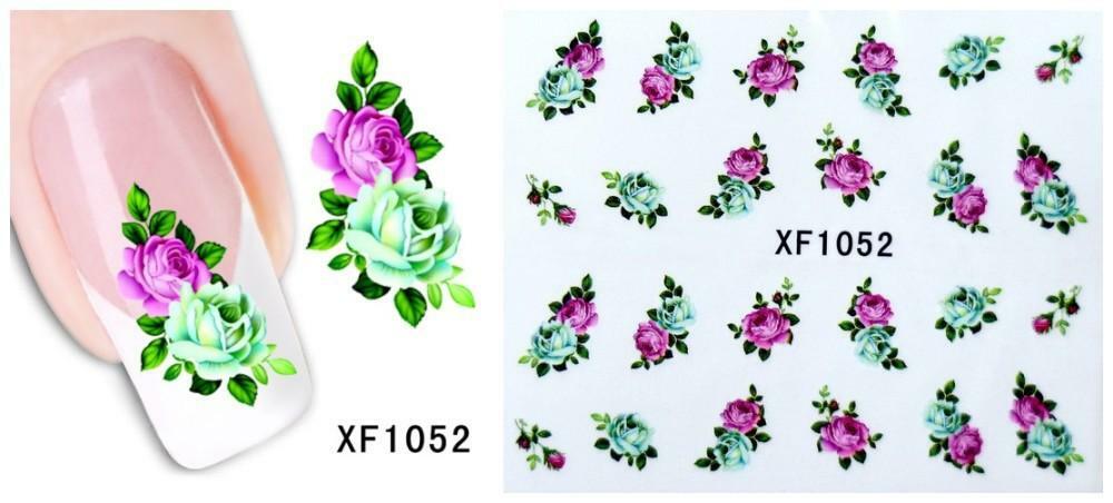 Nail Art Water Transfer Sticker Decal Stickers Pretty Flowers Green Pink XF1052
