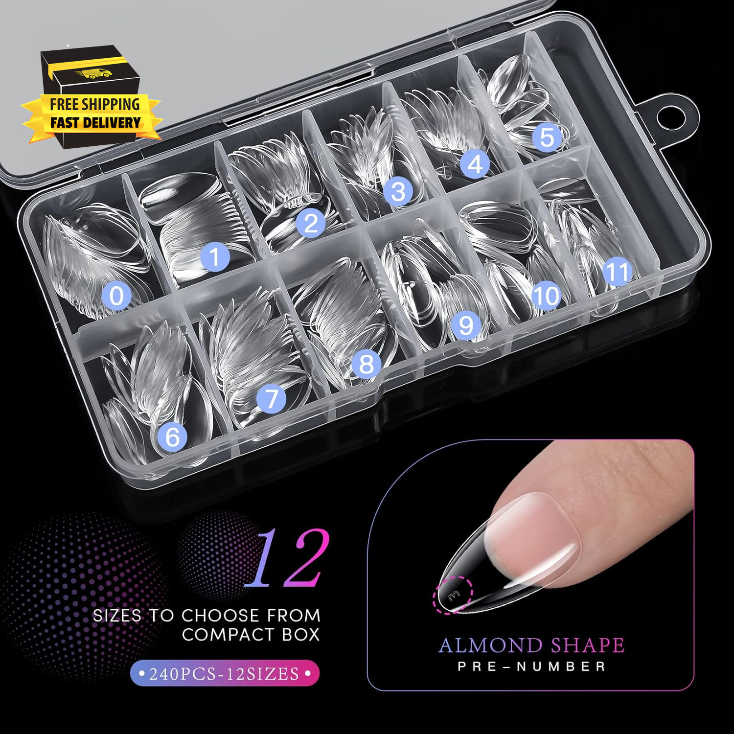 Almond Nails Tips – 240Pcs Clear Fake Tips 12 Sizes Soft Gel False Nails Full Co