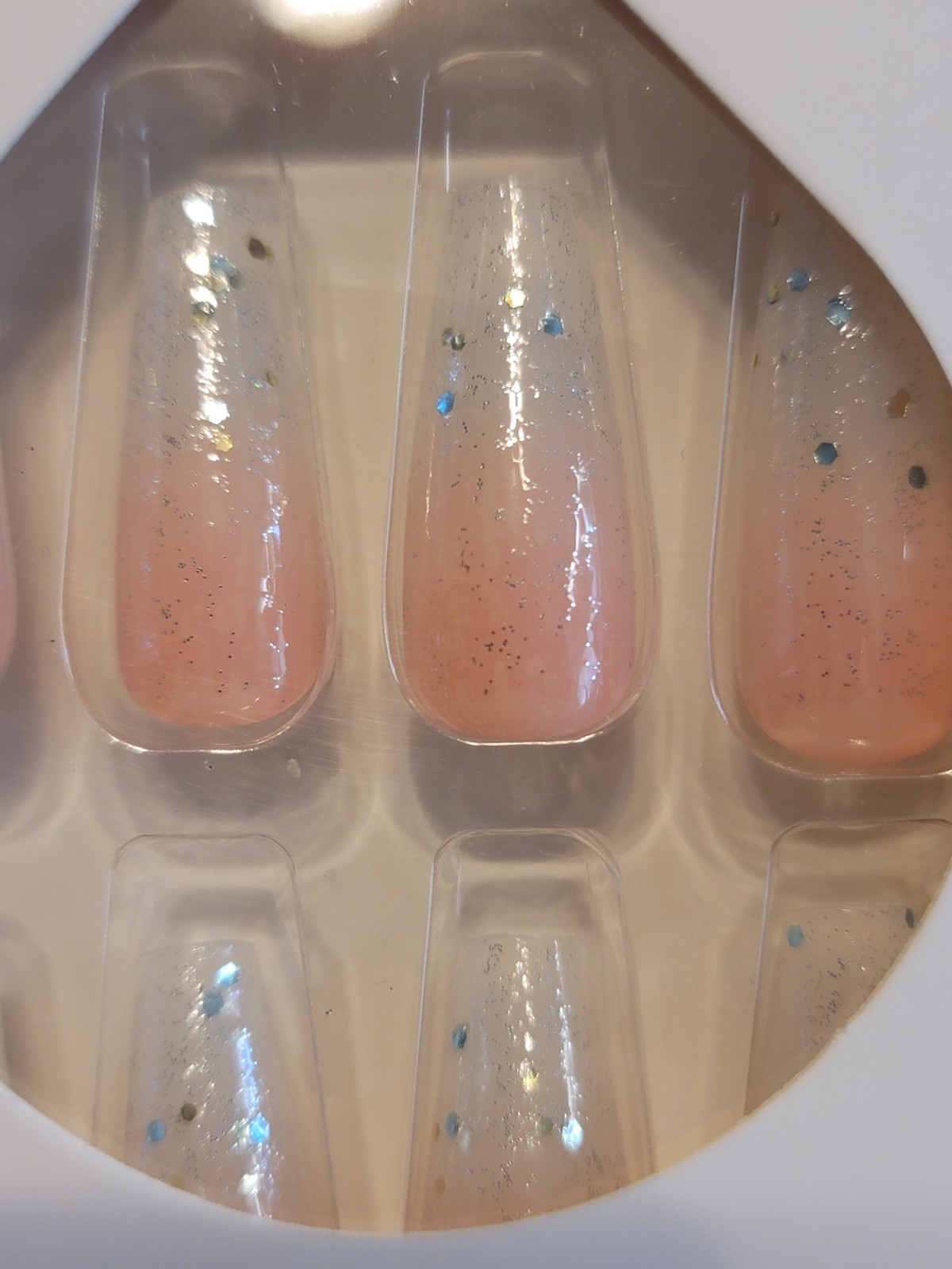 LONG Coffin Pink Sparkle Ombre Nails 24 Pcs