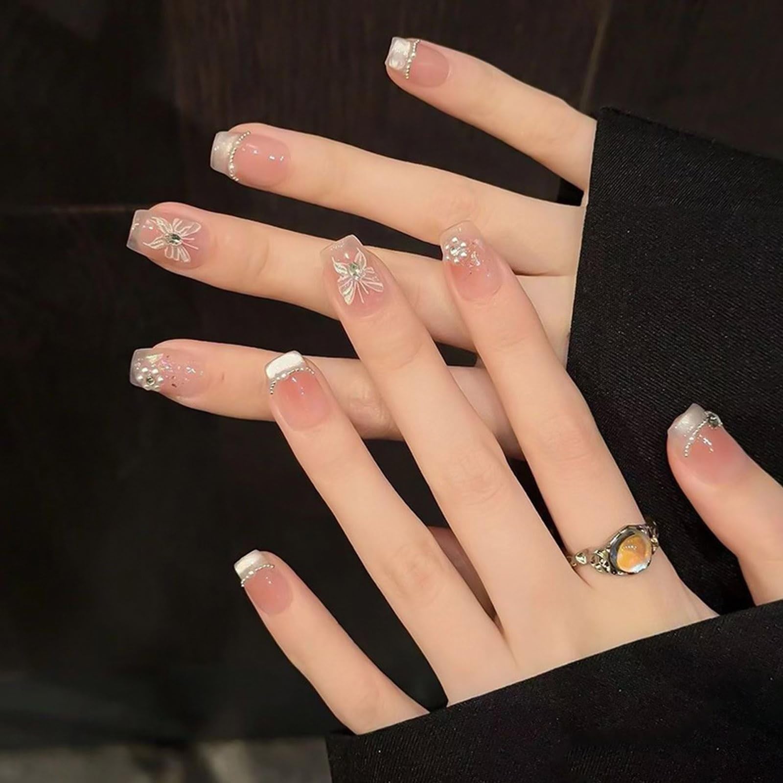 Butterfly Square Fake Nails Medium Length French Tip Press Nails Glitter Full…