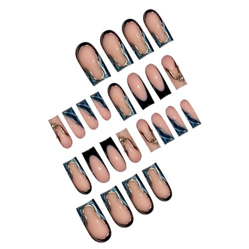Blue French Tip Press on Nails – Long Square Fake Nails – Gold Gradient Style A5