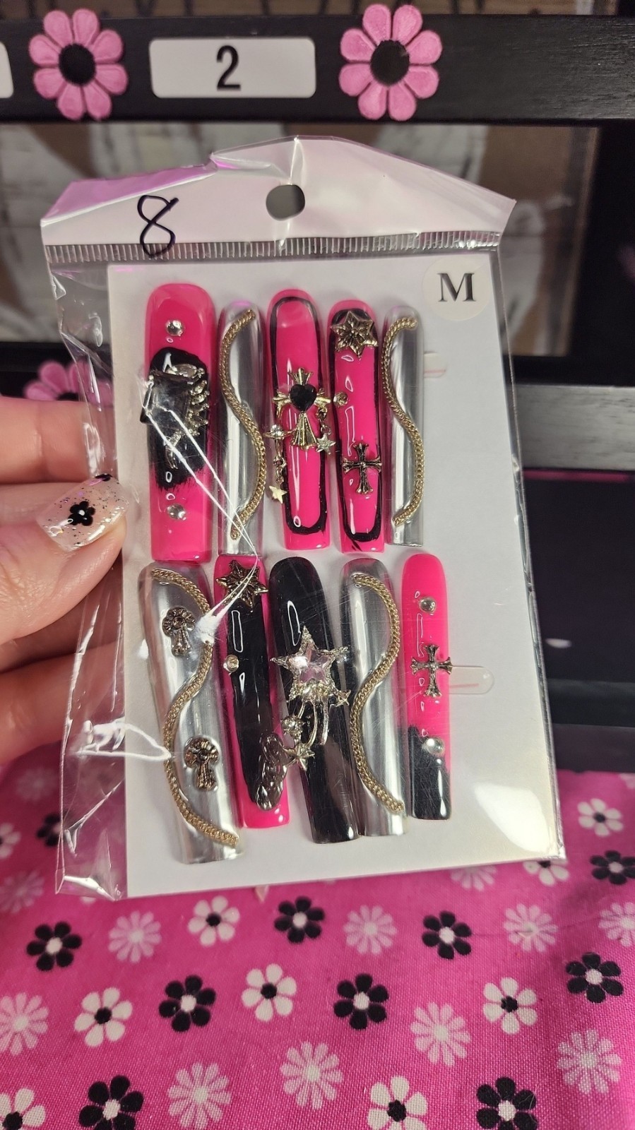 Medium Size Super Long Pink Star Cross Press-on Nail Set