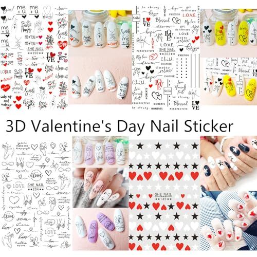 12 Sheets Valentines Nail Stickers, 3D Self-Adhesive Heart Nail Valentines-1