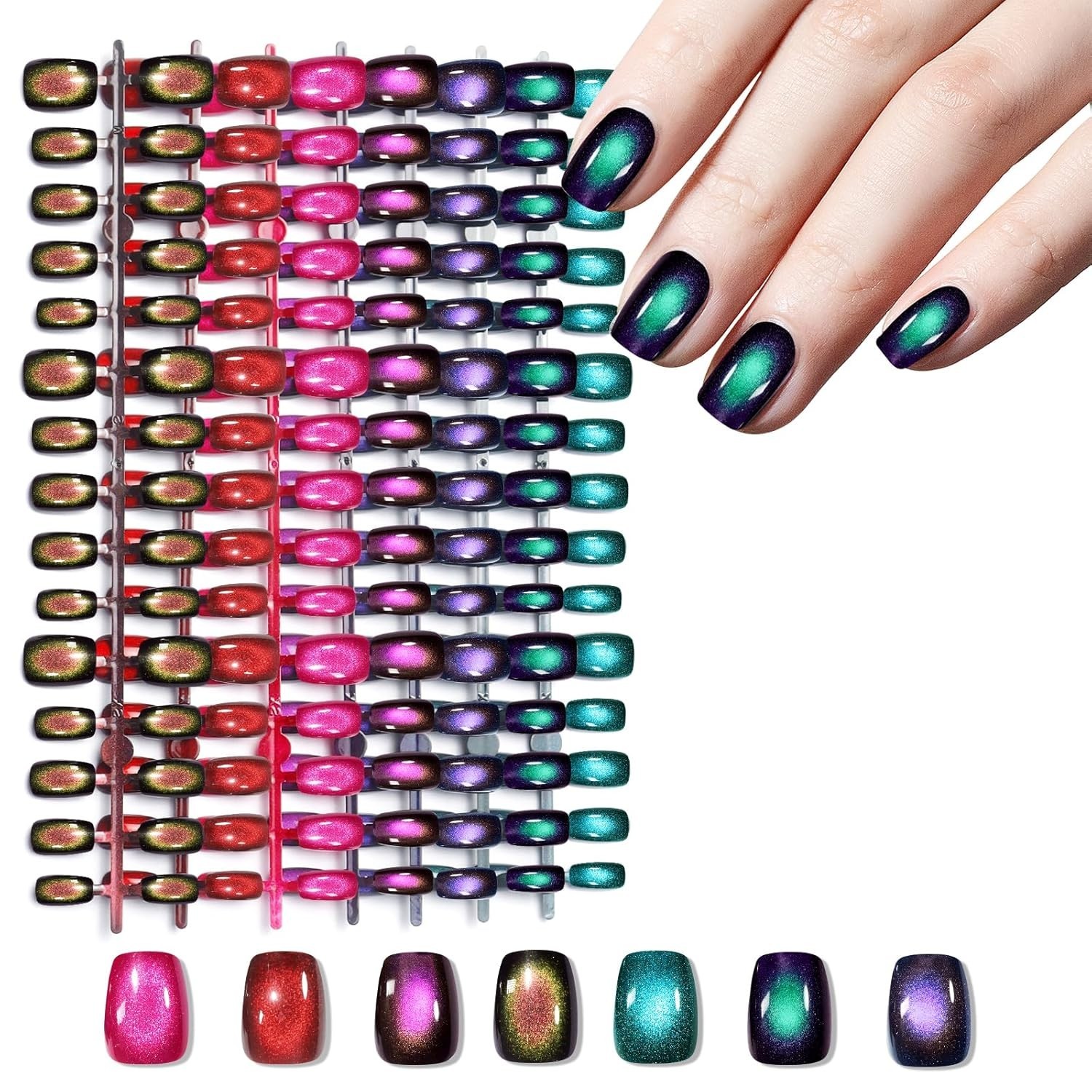 210Pcs Cat Eye Press on Nails for Women 7 Colors Glossy Glitter Black Hole Short