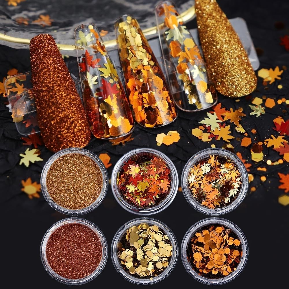 Autumn Maple Leaf Nail Art Glitters Sequins 3D Fall Nail Decals Professional
