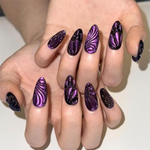 Purple Nails Press on Almond Fake Nails Medium Glossy Glue on Nails style23