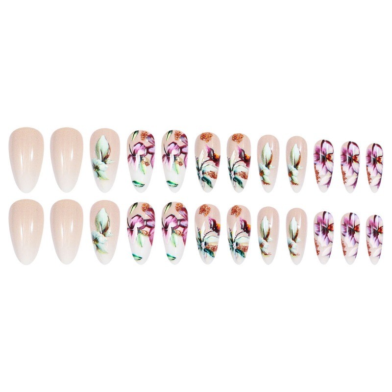 48PCS Oval Nude Transparent Purple Orchid Gold Reusable Fake Nail Art
