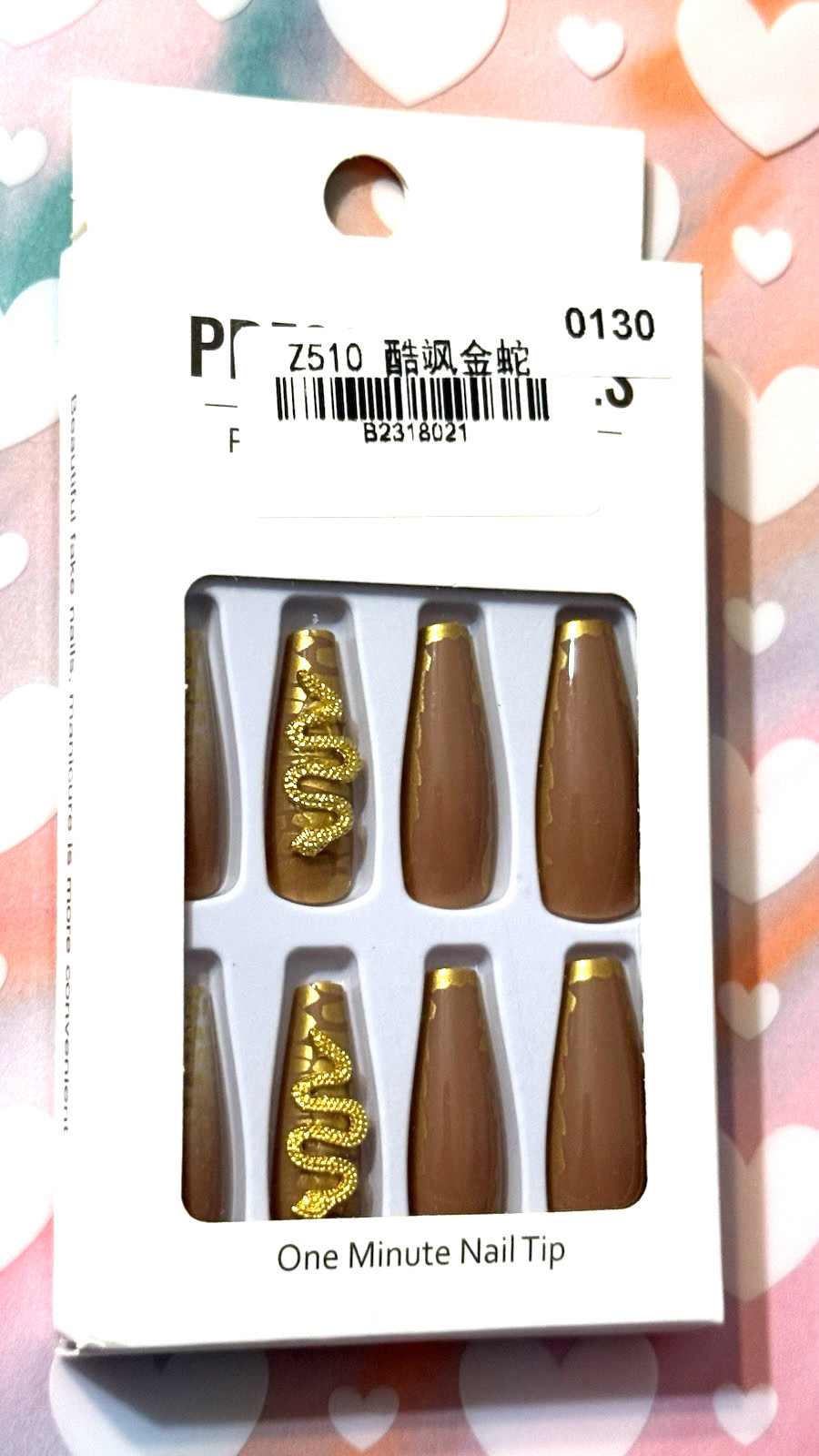 Press On Nails One Minute Nail Tip SNAKESKIN PRINT GOLD DETAILS DARK NUDE 24 NIB