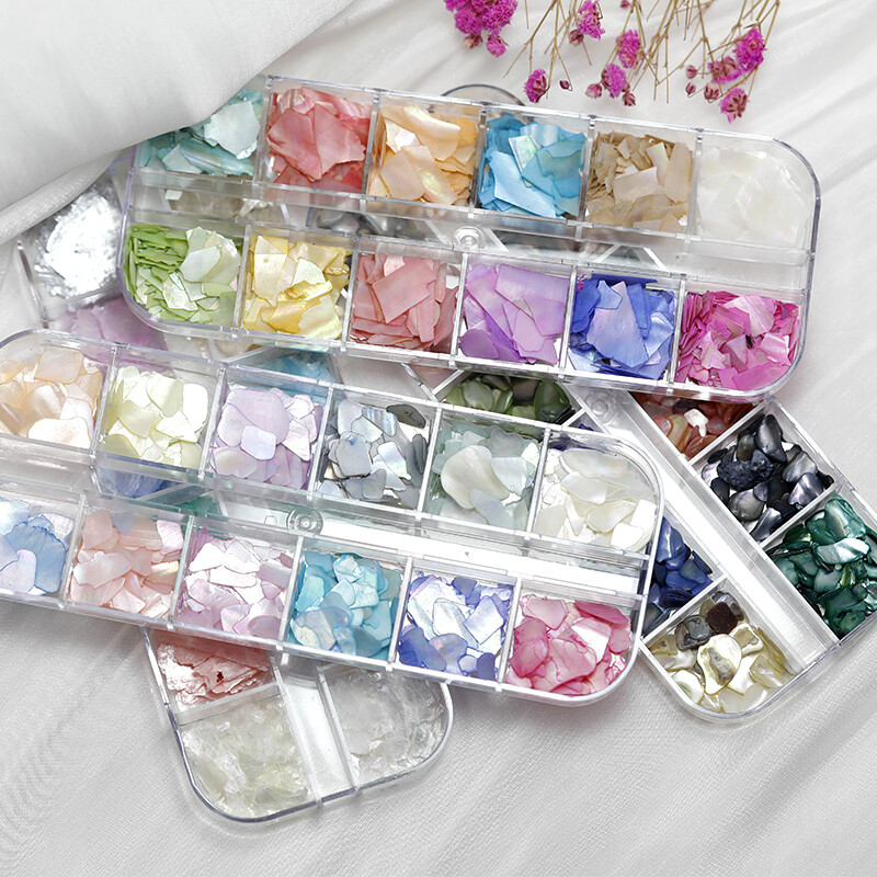 12 Grid Box – Irregular Iridescent Shell Slices Nail Art Shell Piece Painting