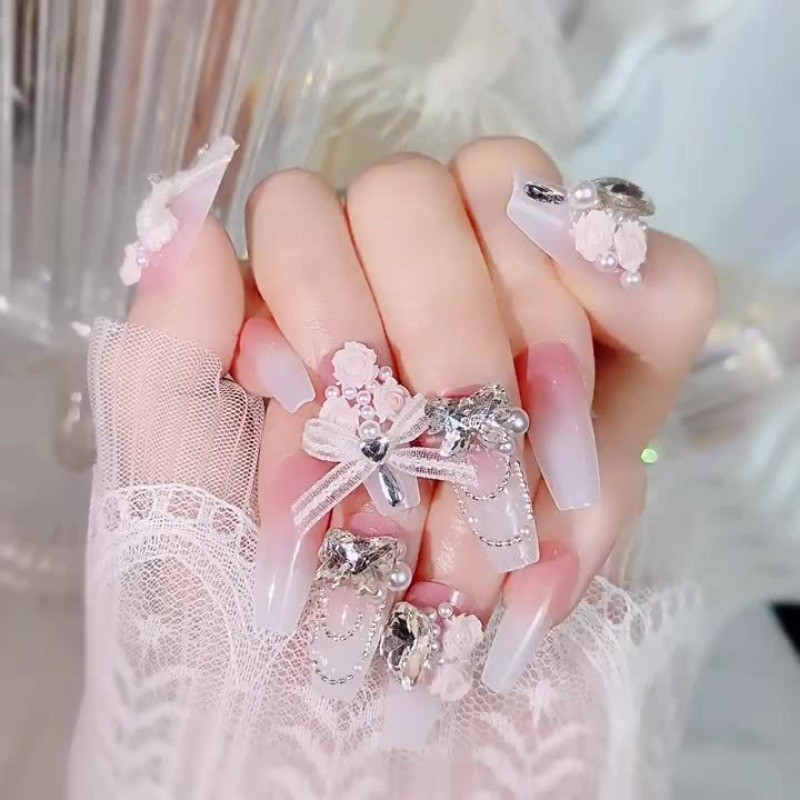 HandmadePinkGradient Flower Lace Bow Ballet NailsWearable For Daily Party