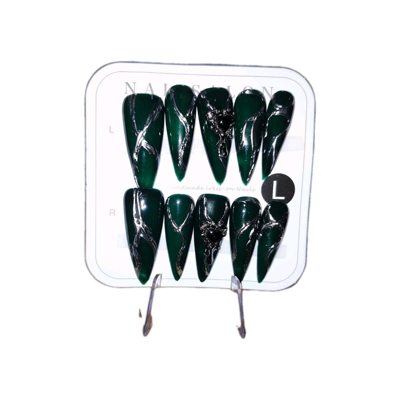 Green Silver Black 3D Stiletto Large Press-On Nails Full Cover