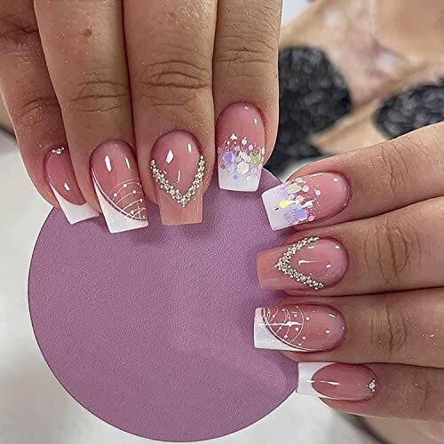 Pink Press On Nails Short Square, Coffin Shape Full Cover Reusable Rhinestones