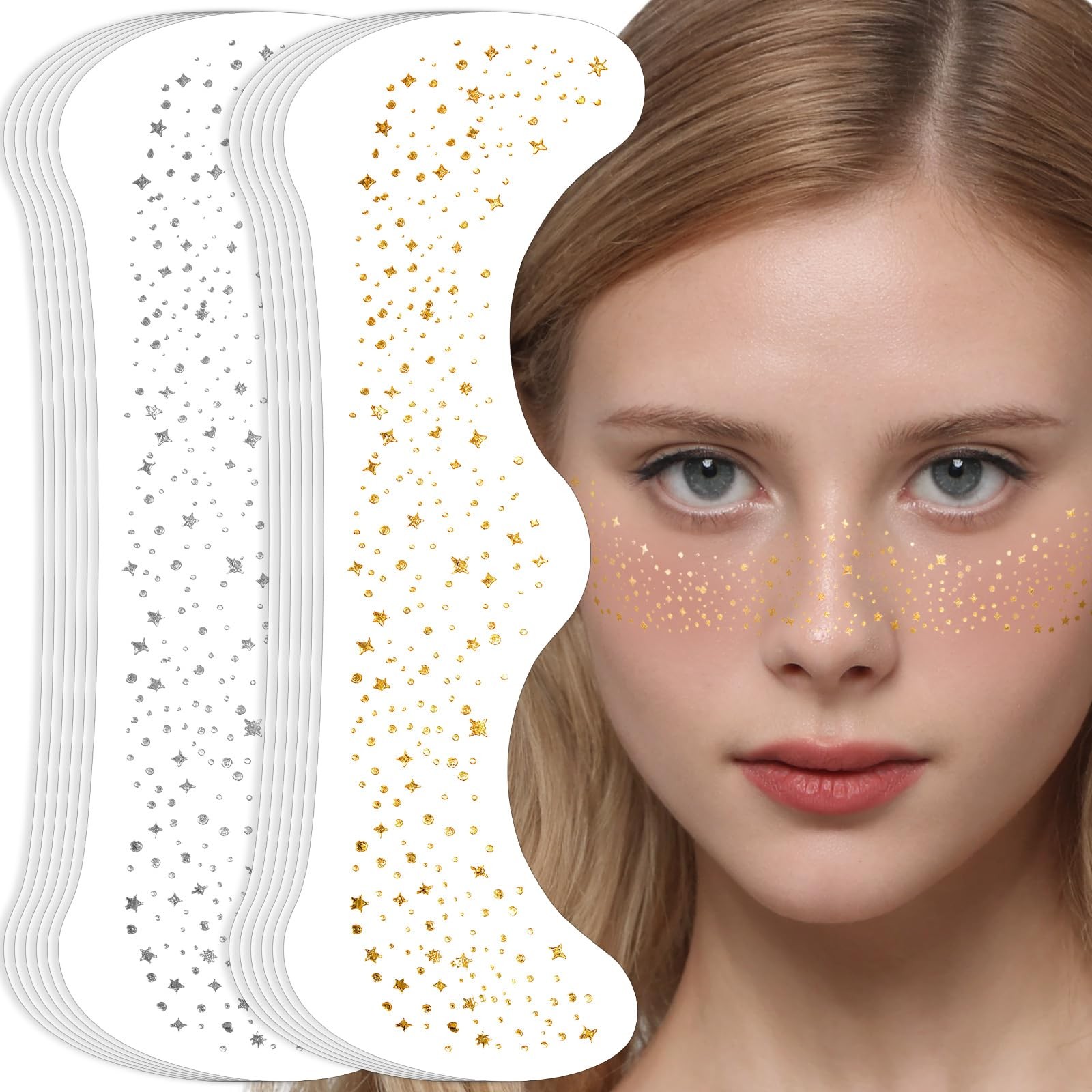 12 PCS Gold Silver Glitter Freckles Makeup Patches Face Cosmetic Sticker Decor