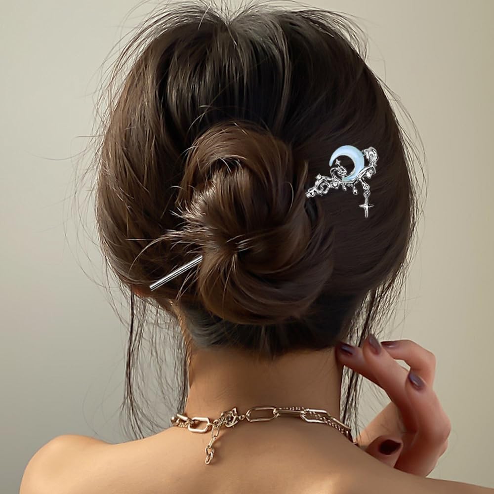 4PCS Star Moon Hair Sticks for Buns Long 1 Count (Pack of 4), Silver