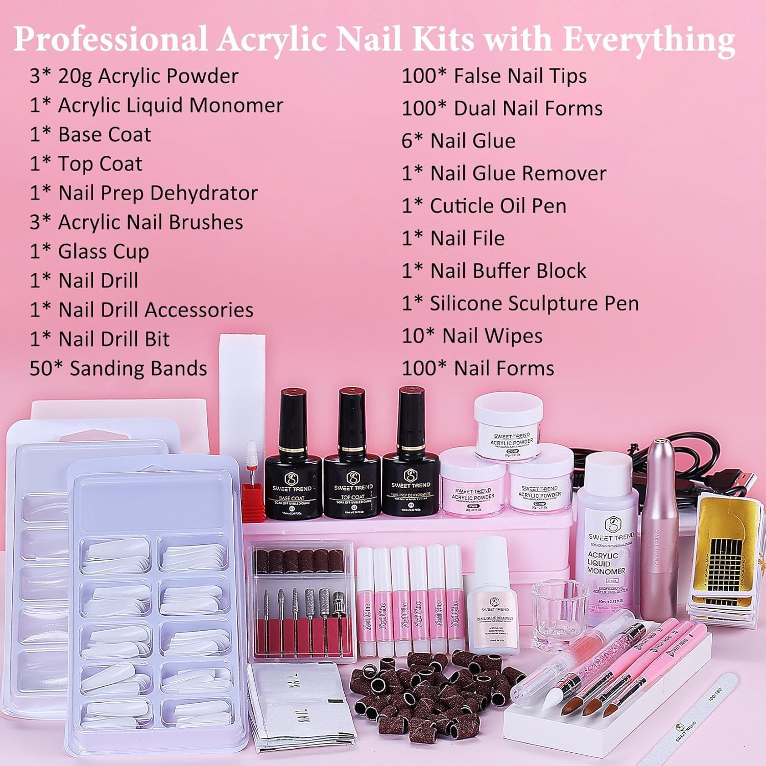 Acrylic Nail Kit with Drill: 20g Clear White Pink Acrylic Powder and Liquid Begi