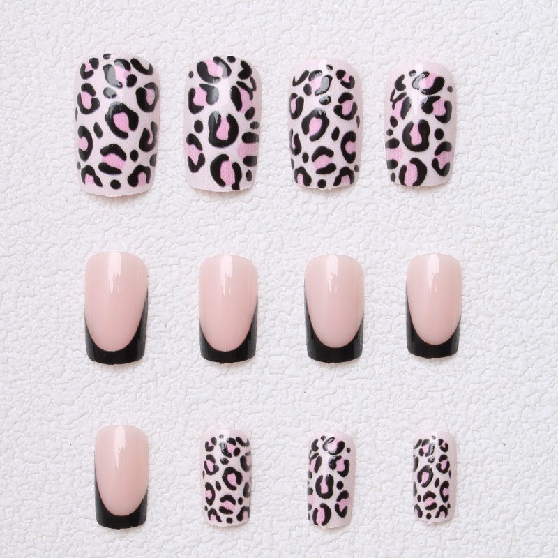 48pcs-Matte Pink Leopard Print Press on Nails, Square with Black French Tips