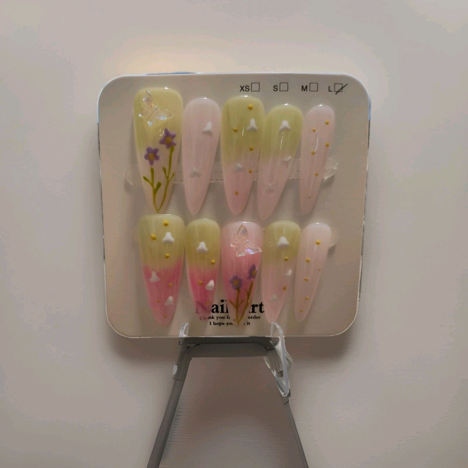 Pink Green Purple Long Coffin 3D Butterfly Flower Press-On Nails Full Cover