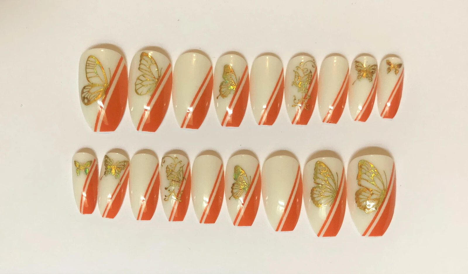 White and Orange with Butterflies Press-On Nail Set – Long Ballerina (Size 0-8)