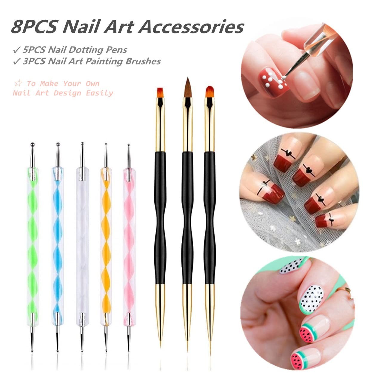5PCS Dotting Pens with 3 PCS Nail Painting Brushes, Double Ended Brush and Do…