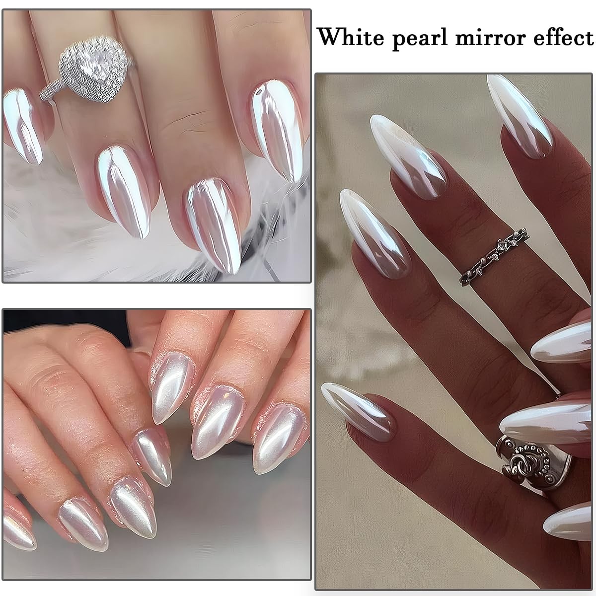 3Pcs Moonlight White Pearl Chrome Nail 3 jars with 3 sponge sticks,