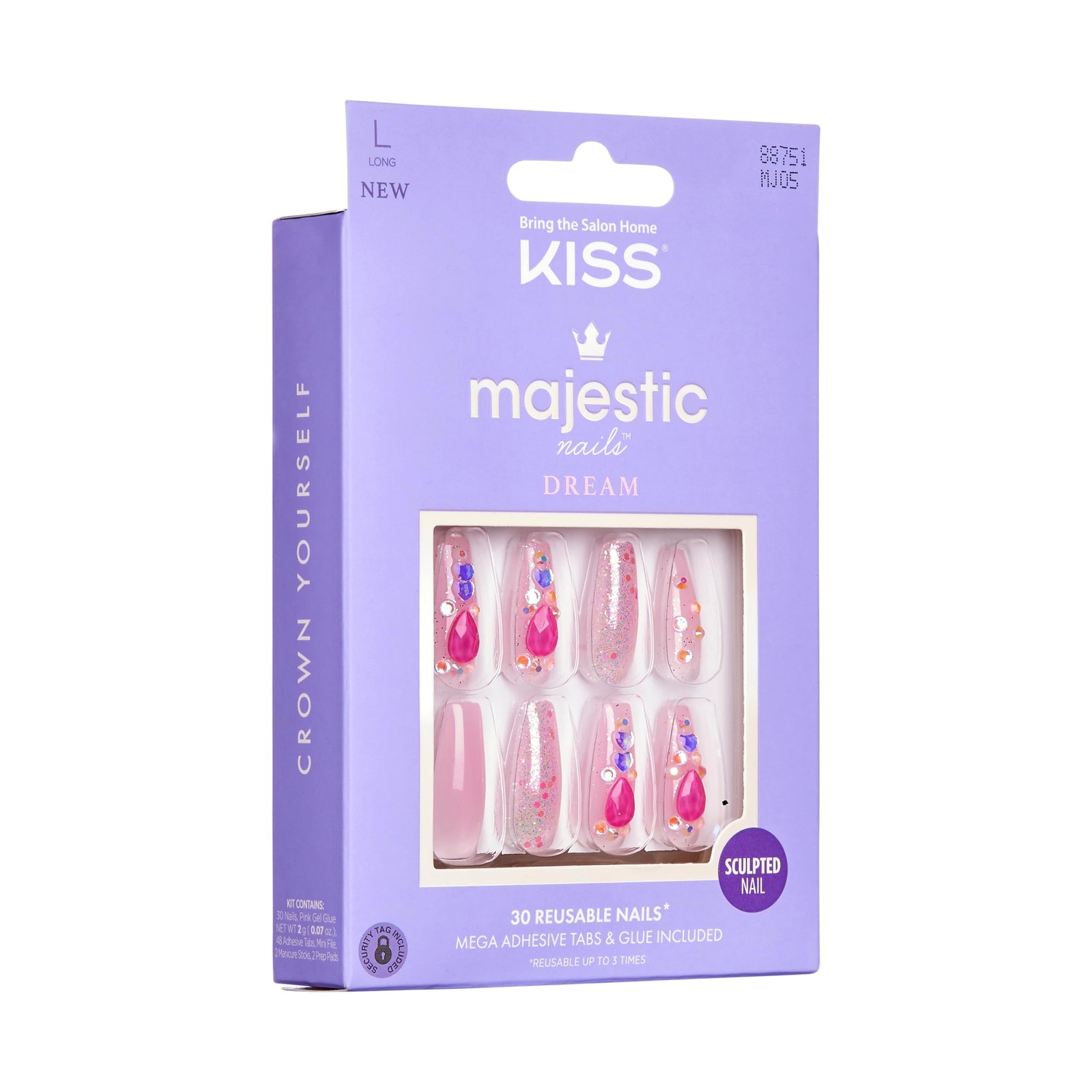 Majestic Press On Nails, Nail glue included, ‘Lovely Bubbly’, Pink, Long Size…