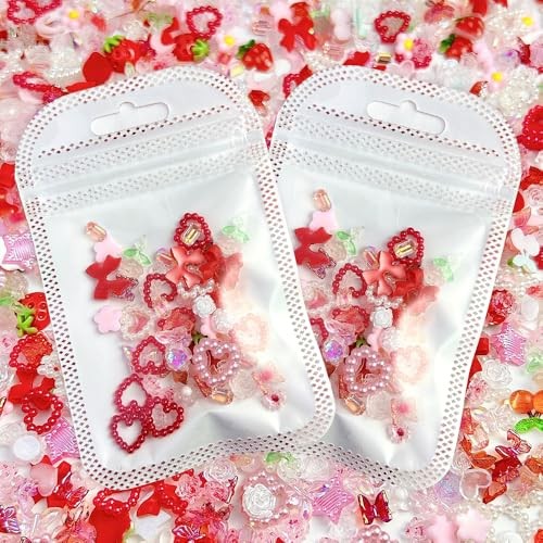 100pcs 3D Pink Red Strawberry Flower Nail Charms Camellia Rose Cherry