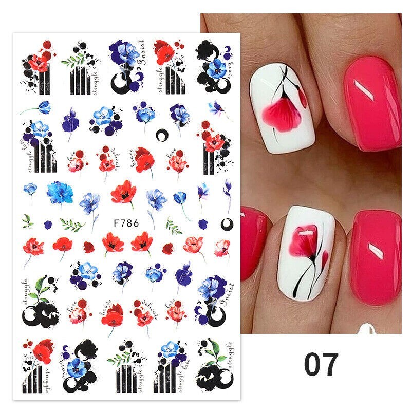 3D Nail Art Stickers Decals Autumn Poppy Day Flowers Floral Fern Leaf F786 NS41