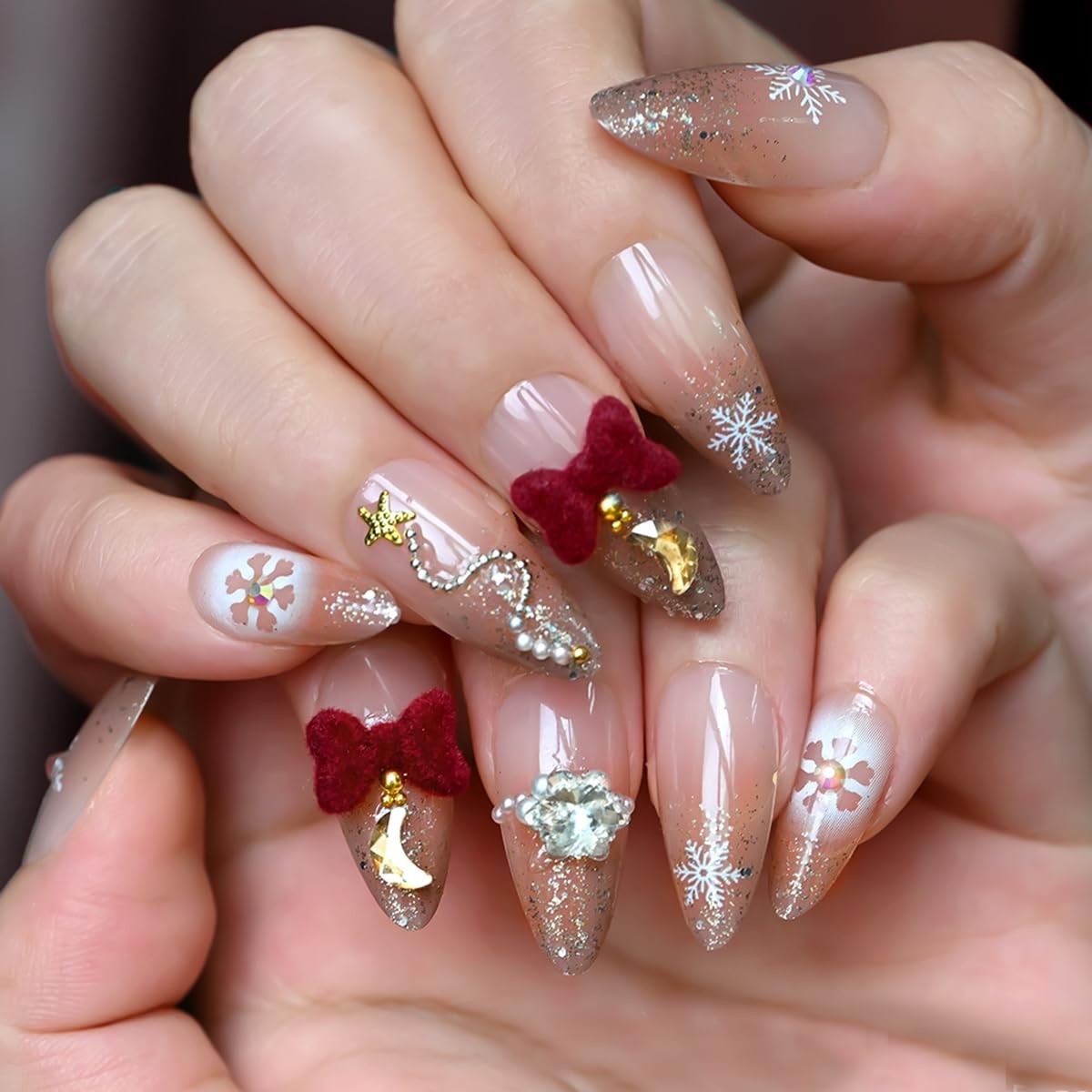 24Pcs Christmas Press on Nails Short Almond Brown Ombre Fake Nails with 3D Bo…
