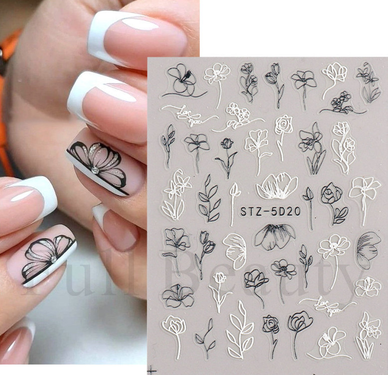 Black White 5D Embossed Rose Flowers Heart Leaf Nail Stickers Sliders Manicure