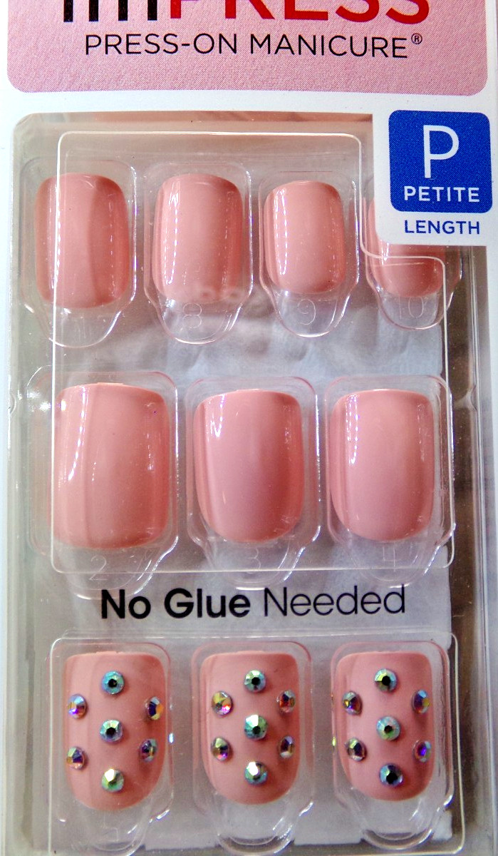 IMPRESS NAILS PRESS ON SHORT – Shiny Pink with Gems Petite Size