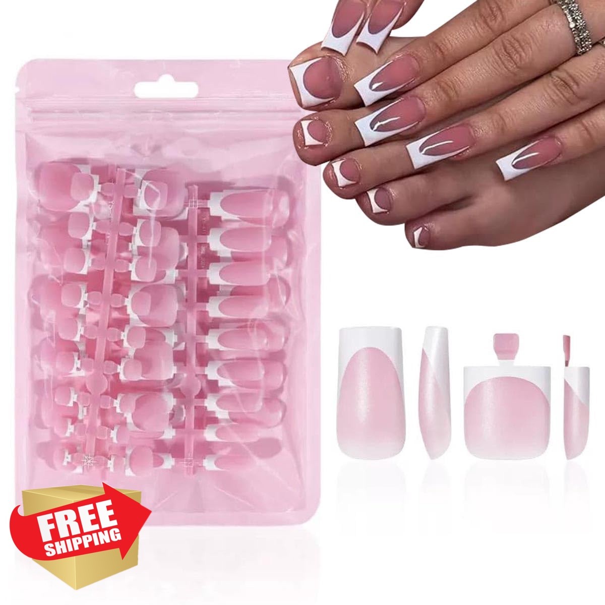 NHIXK Medium French Tip Press on Nails White Square
