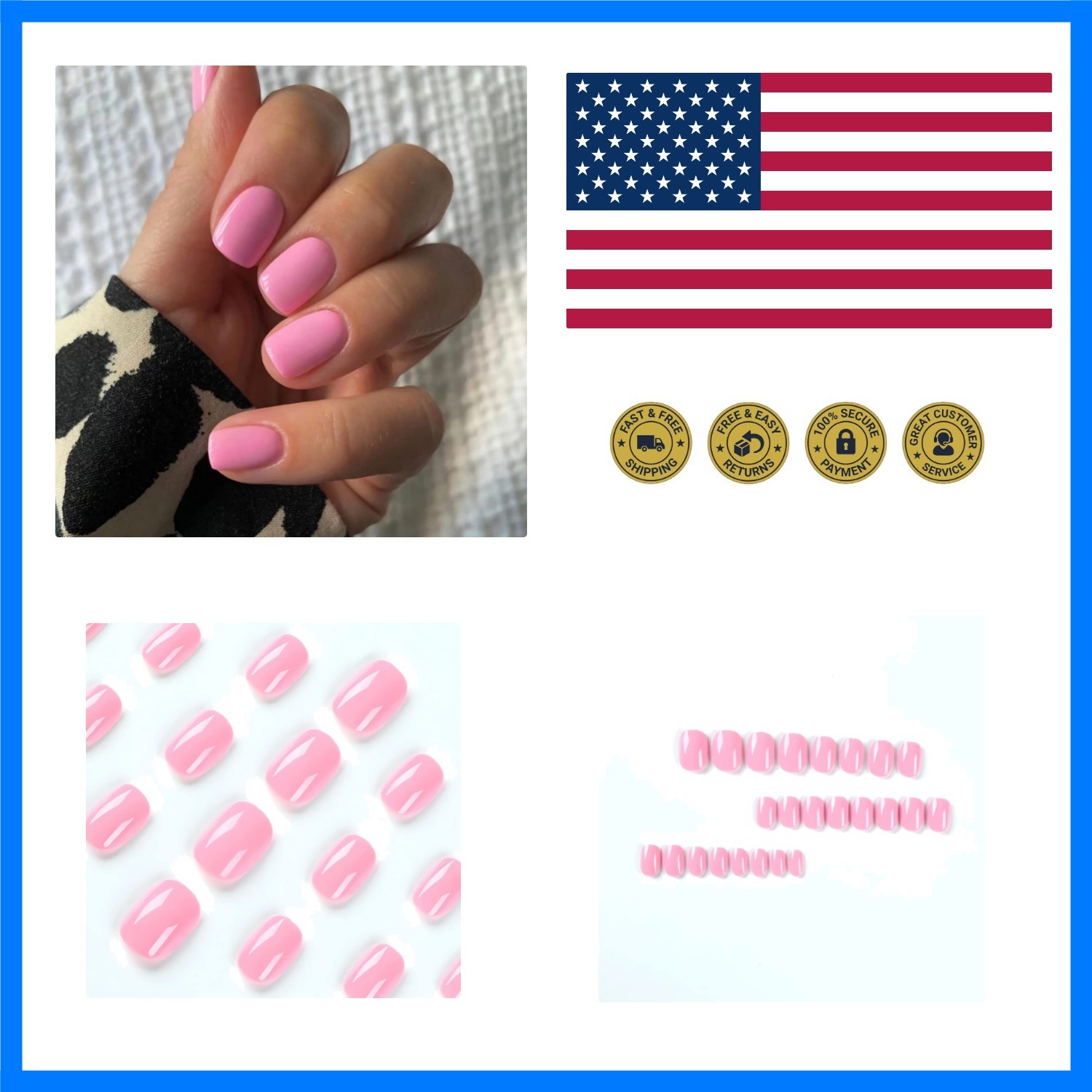 Square Press on Nails Short Fake Nails Rose Pink False Nails Acrylic Artifici…