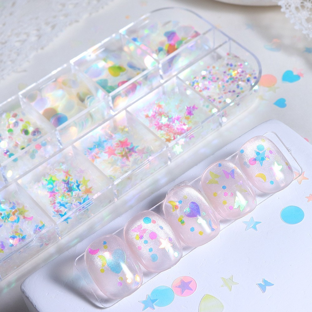 Glitter Nail Art Sequins 12 Grids Butterfly Star Heart Circle Shapes DIY Decor