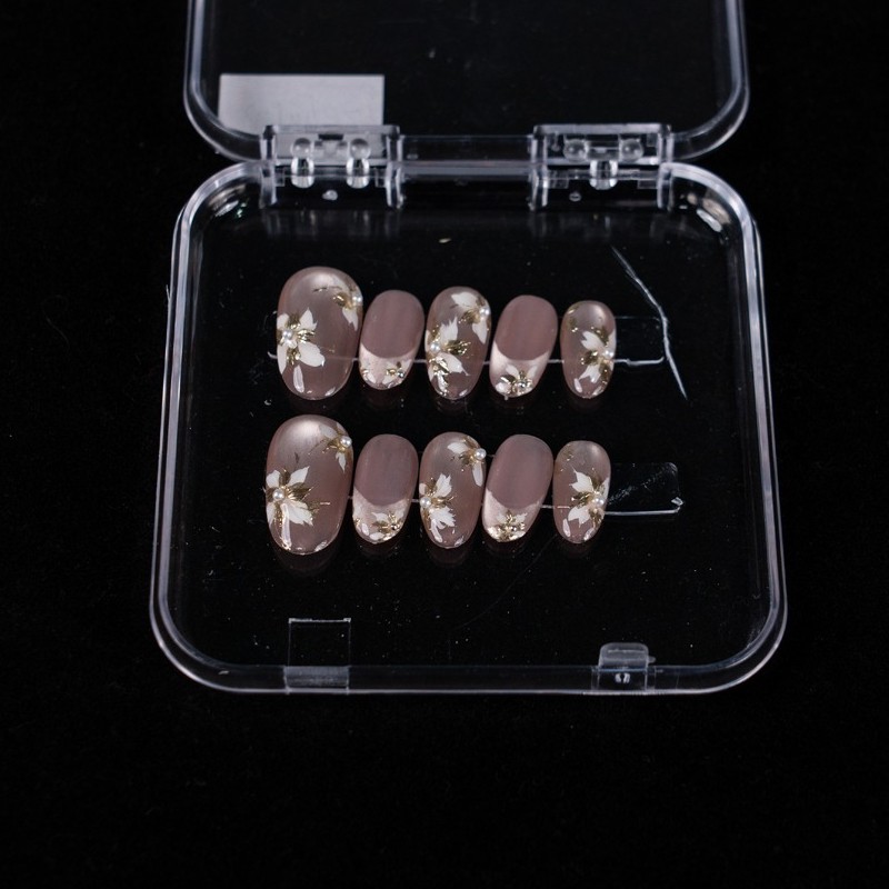 10pcs Nude Cat Eye Press On Nails 3D White Flower Gold Foil Almond