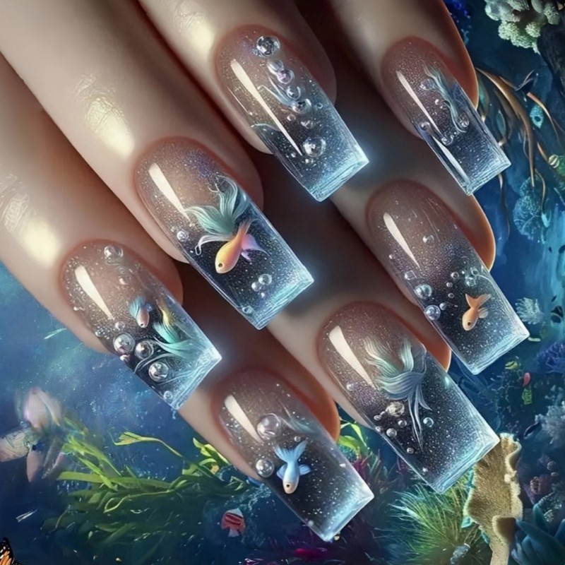 Seawater Patterned Press On Nail 24 Pieces Blue Goldfish Design Comfortable Wear