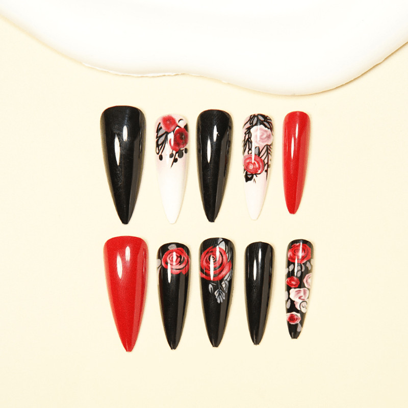 48pcs Stiletto Press on Nails, Black Red Ombre 3D Rose Gothic Manicure Nails