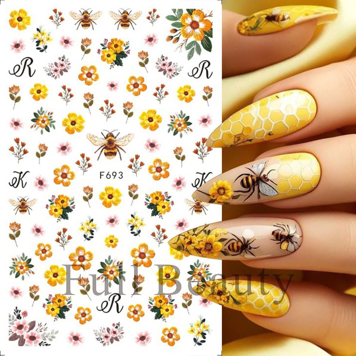 Nail Art Stickers Decals Yellow Flowers Bumble Bee Floral Bees Wasp F693 NS44