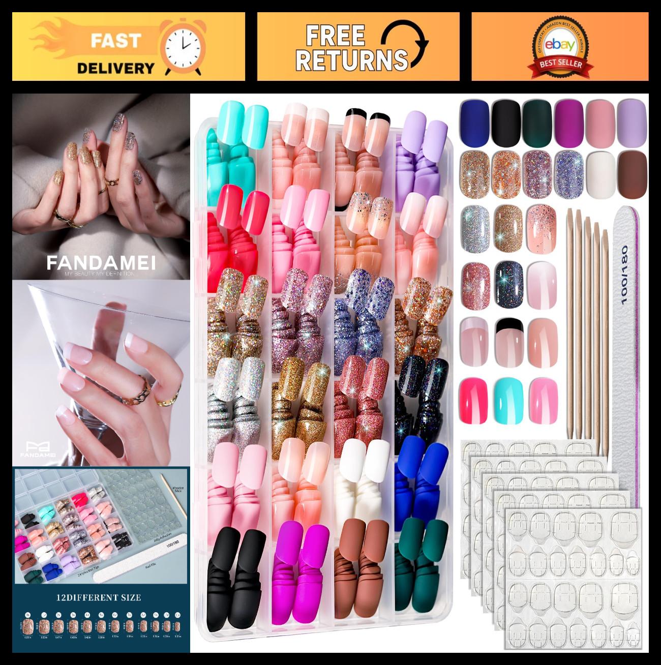 24 Colors Press on Nails – 576PCS Short Square & Round Matte Glossy Glitter Fake