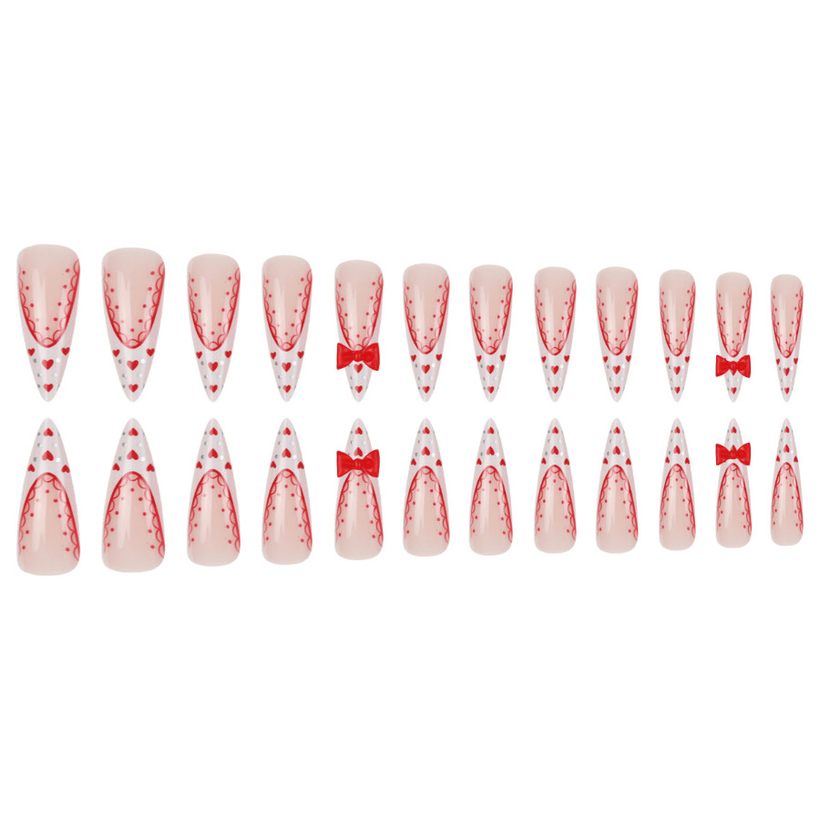 48pcs Stiletto Press on Nails, White Tip Red Heart 3D Bow Valentine Nail Art