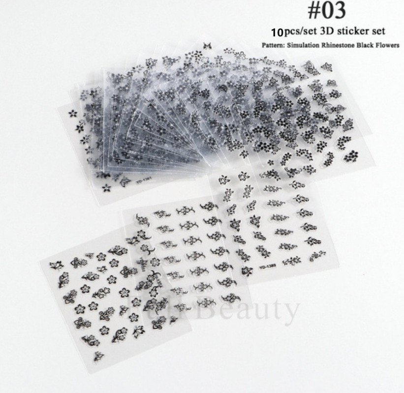 10Pcs Rhinestone Black Daisy Flower Nail Art Sticker Decoration Manicure #3