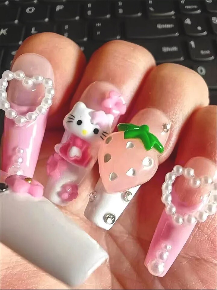 Hot Girl Hello Kitty Strawberry Super Long Handmade Artisan Press On Nails
