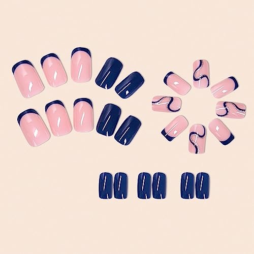 Dark Blue Press On Nails – Short, Glossy False Nails with Shiny 27