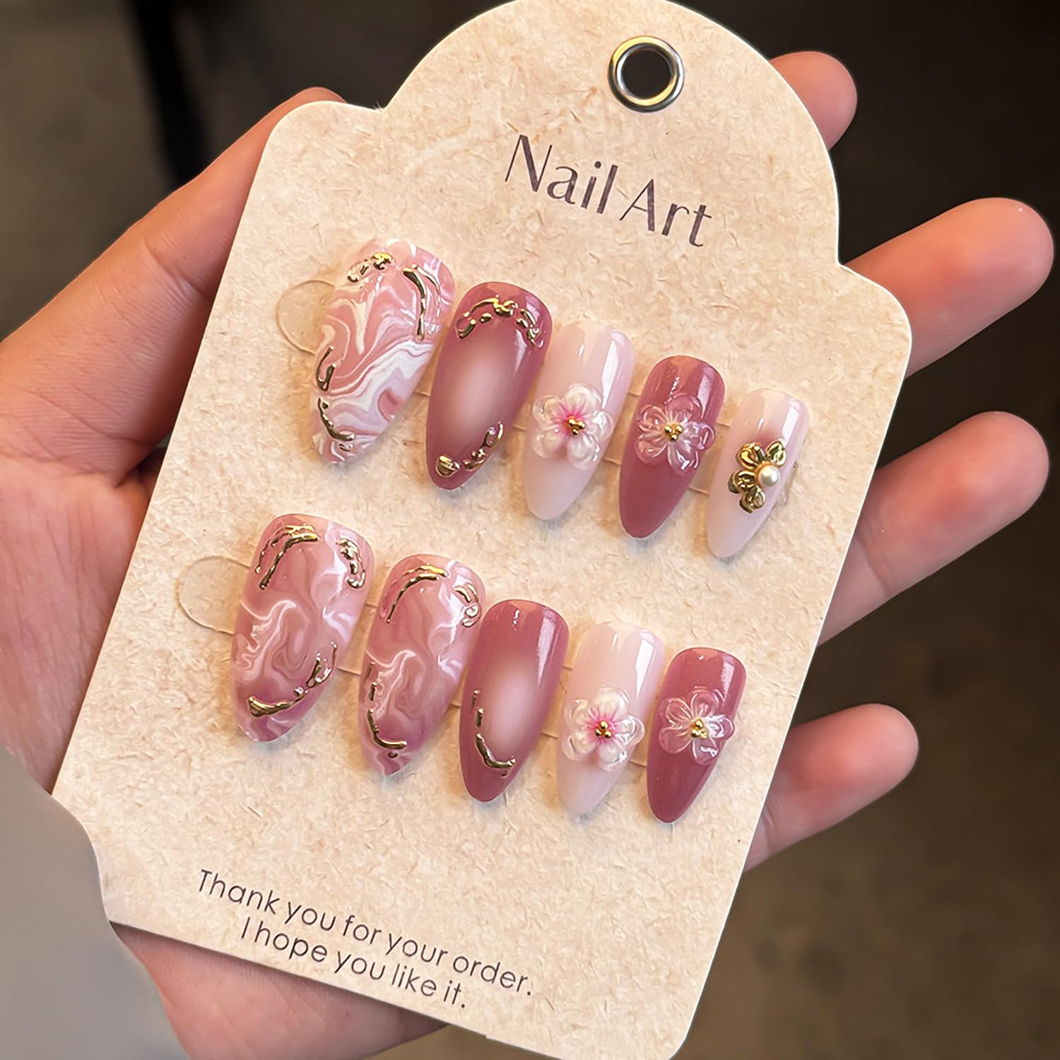 24Pcs Pink Press on Nails Medium Almond Fake Nails with 3D Pink Gold Floral Line
