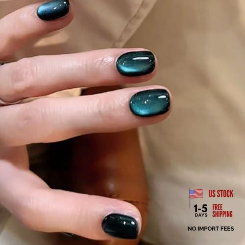 Square Press on Nails – Short Fake Nails with Glitter Cat Eye Designs