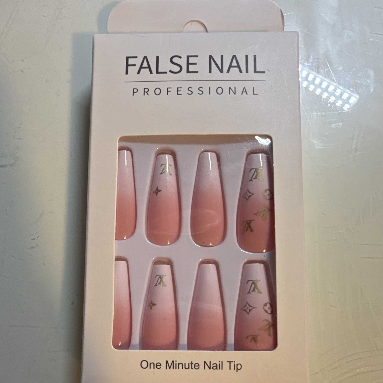 Baby pink ombré LV gold design long coffin fake nails 24pcs all sizes included