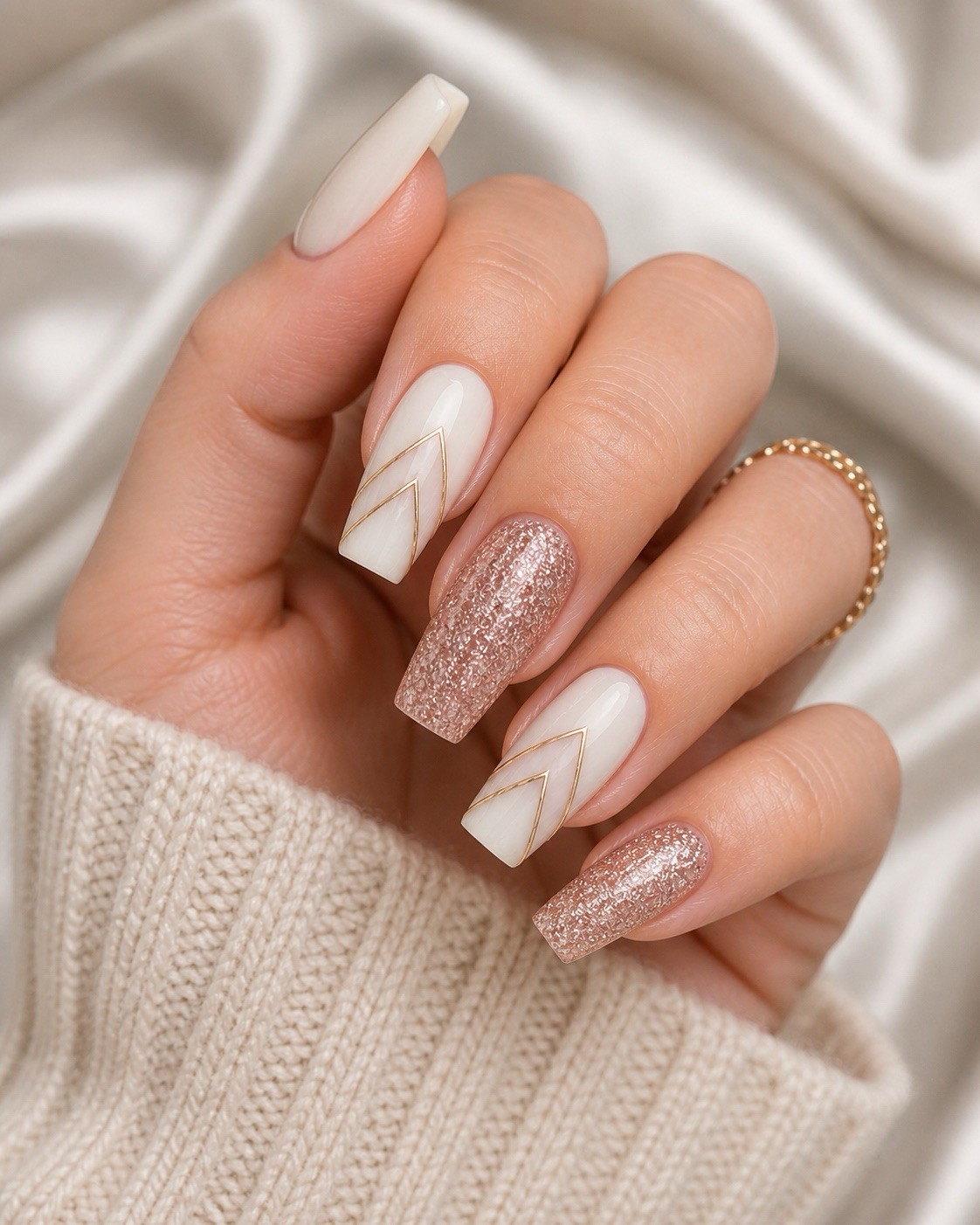nailbliss Salon Gel Glitter French Long Square Press-On Nails Wedding Season