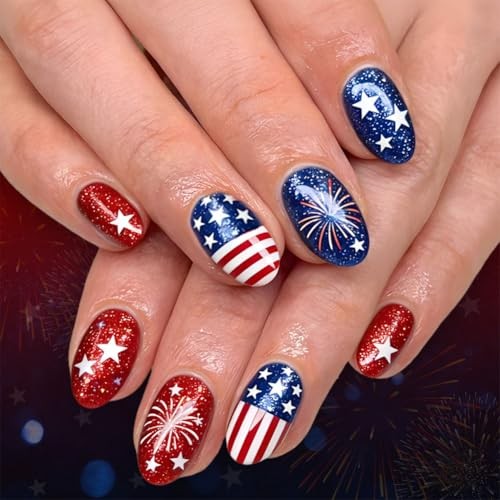Short Almond Fake Nails – 4th of July Press On Nails