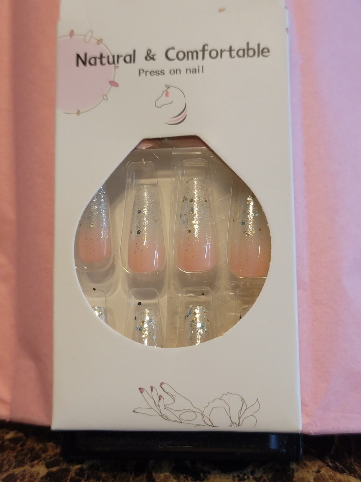 LONG Coffin Pink Sparkle Ombre Nails 24 Pcs