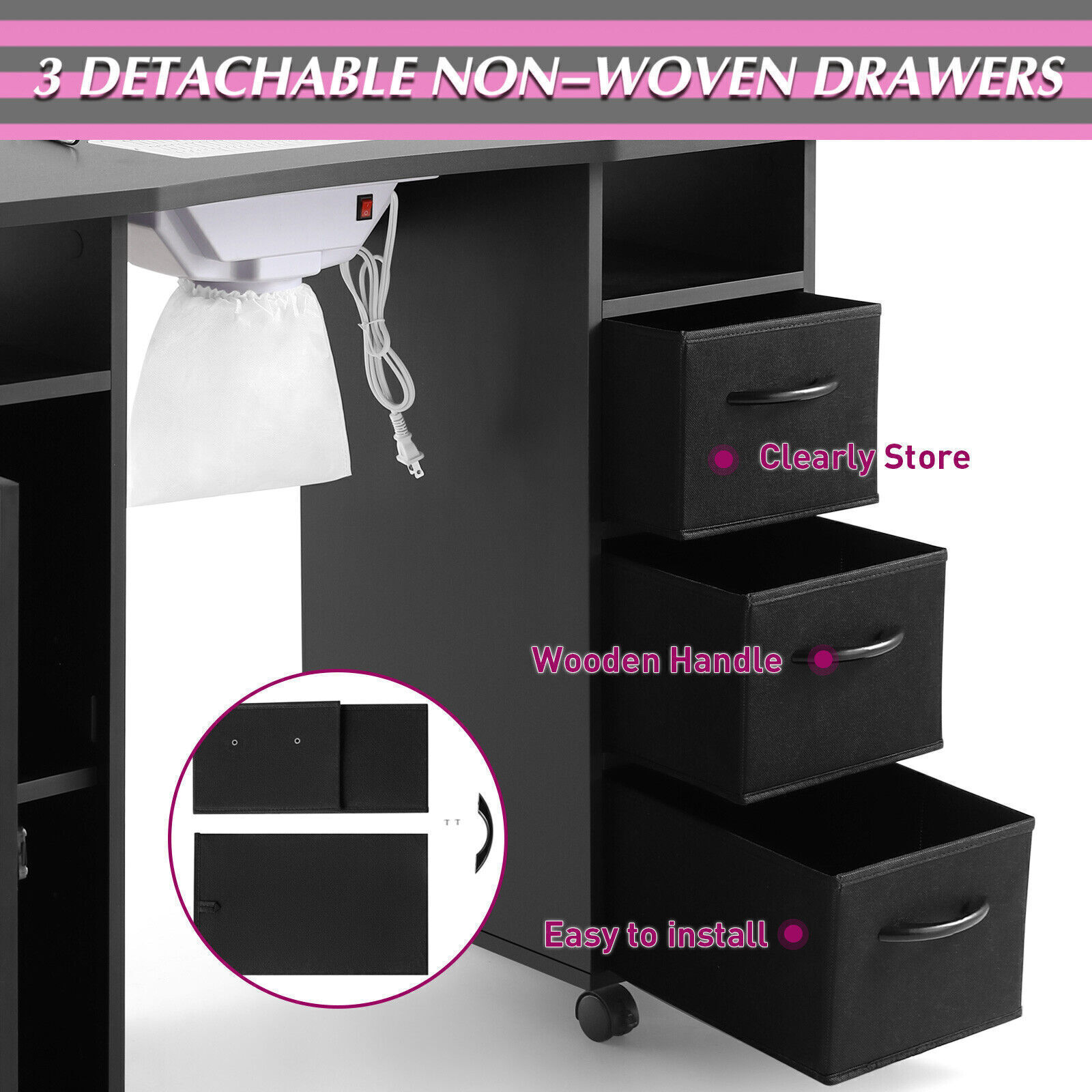 Pro Manicure Table Nail Desk Beauty Salon Dust Collector Drawers+Wheel+Wrist P6J