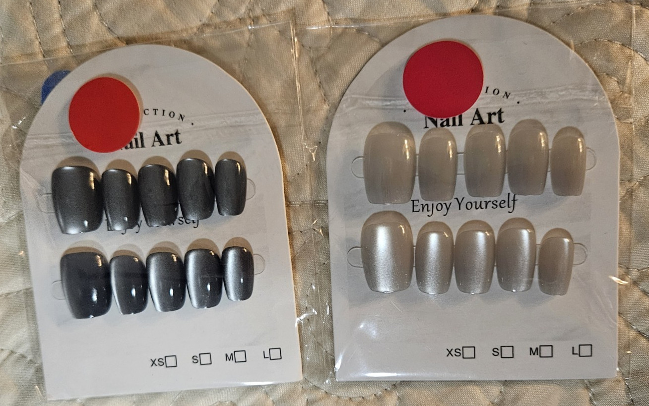 2 Sets of 10 Press-On Nails Size Medium Short Square Cat Eye Dark & Light Gray